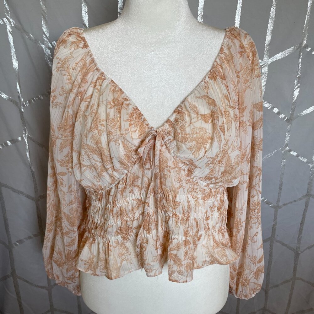 NWT Gold thread ruched peasant top